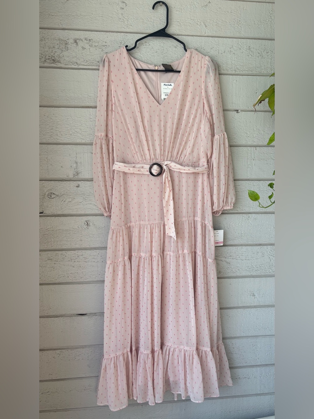 Taylor Blush Pink Tiered V‑Neck Maxi Dress with Belt